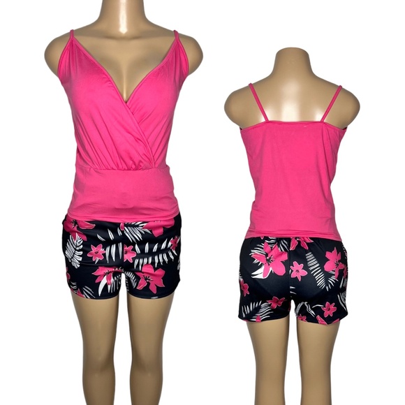 NWT 2 Pieces Black and Pink Set for Women Size M and L Short and Wrap Top - Picture 1 of 7